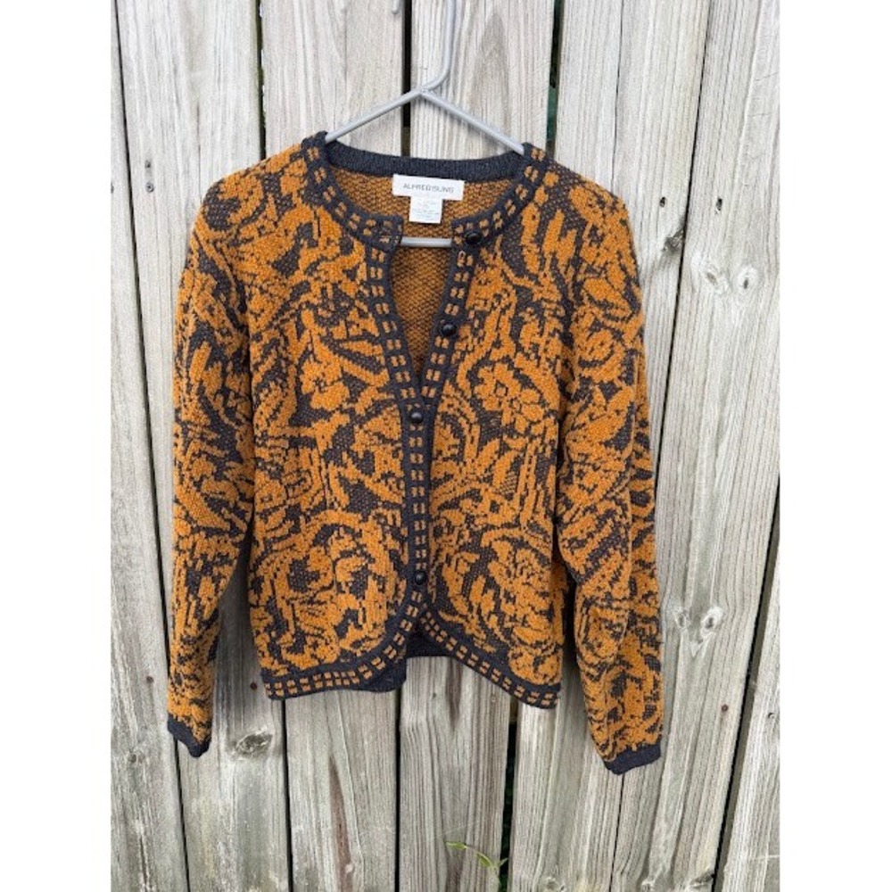 Dark Academia Alfred Sung Chunky Knit Cardigan Orange Grey Floral Wool Blend